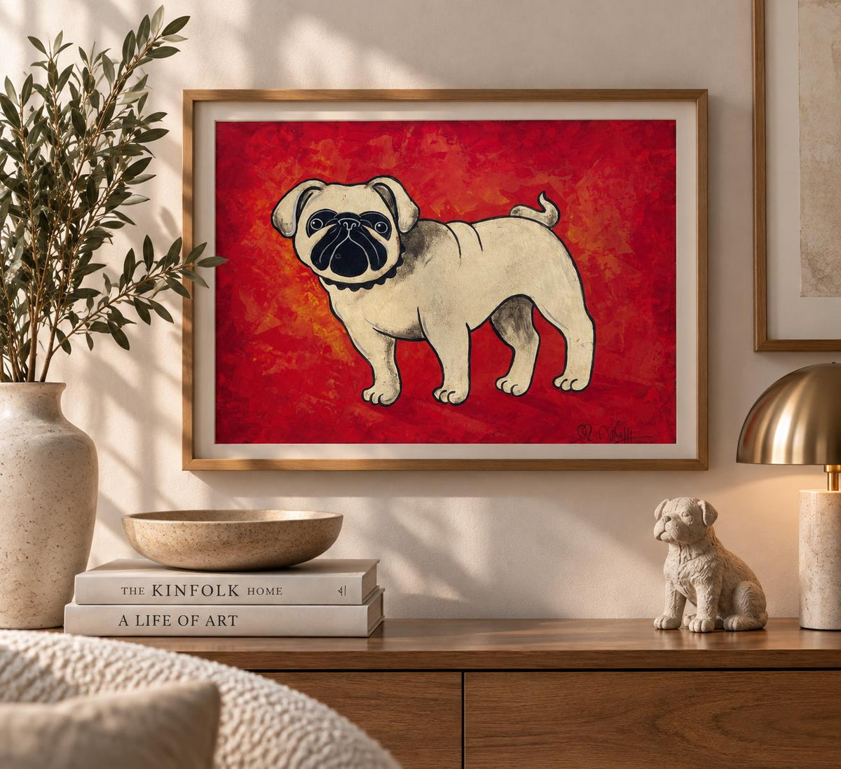 Goldener Mops – Original Acrylgemälde mit Schlagmetall auf Papier (30 × 40 cm)