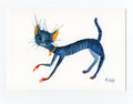 Postkarte Katze blau, Kunstpostkarte, Aquarell